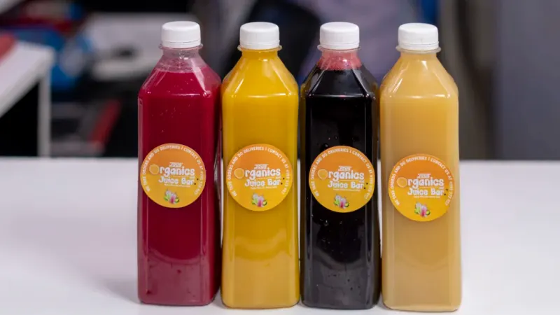Bottled fresh juices from Jays Organics